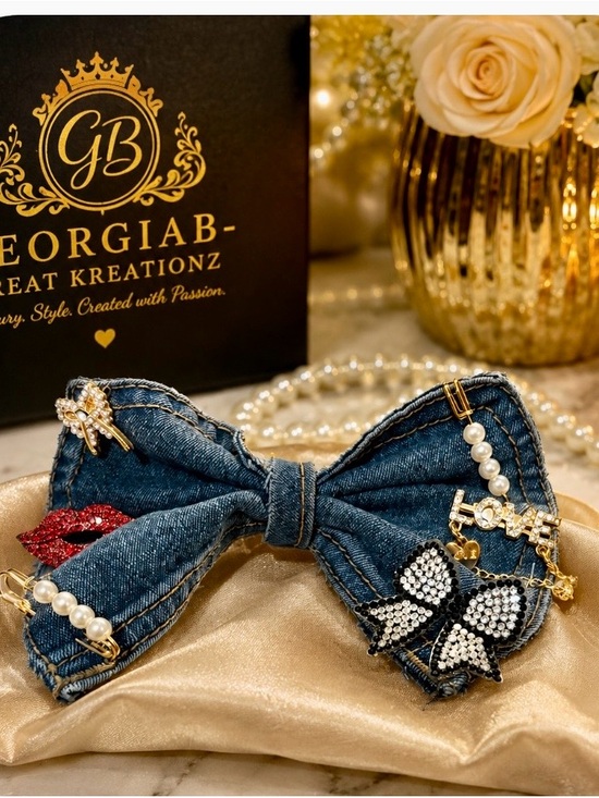 Accessories - GEORGIAB Denim Bow tie with Pearl & Crystal Charms - Blue